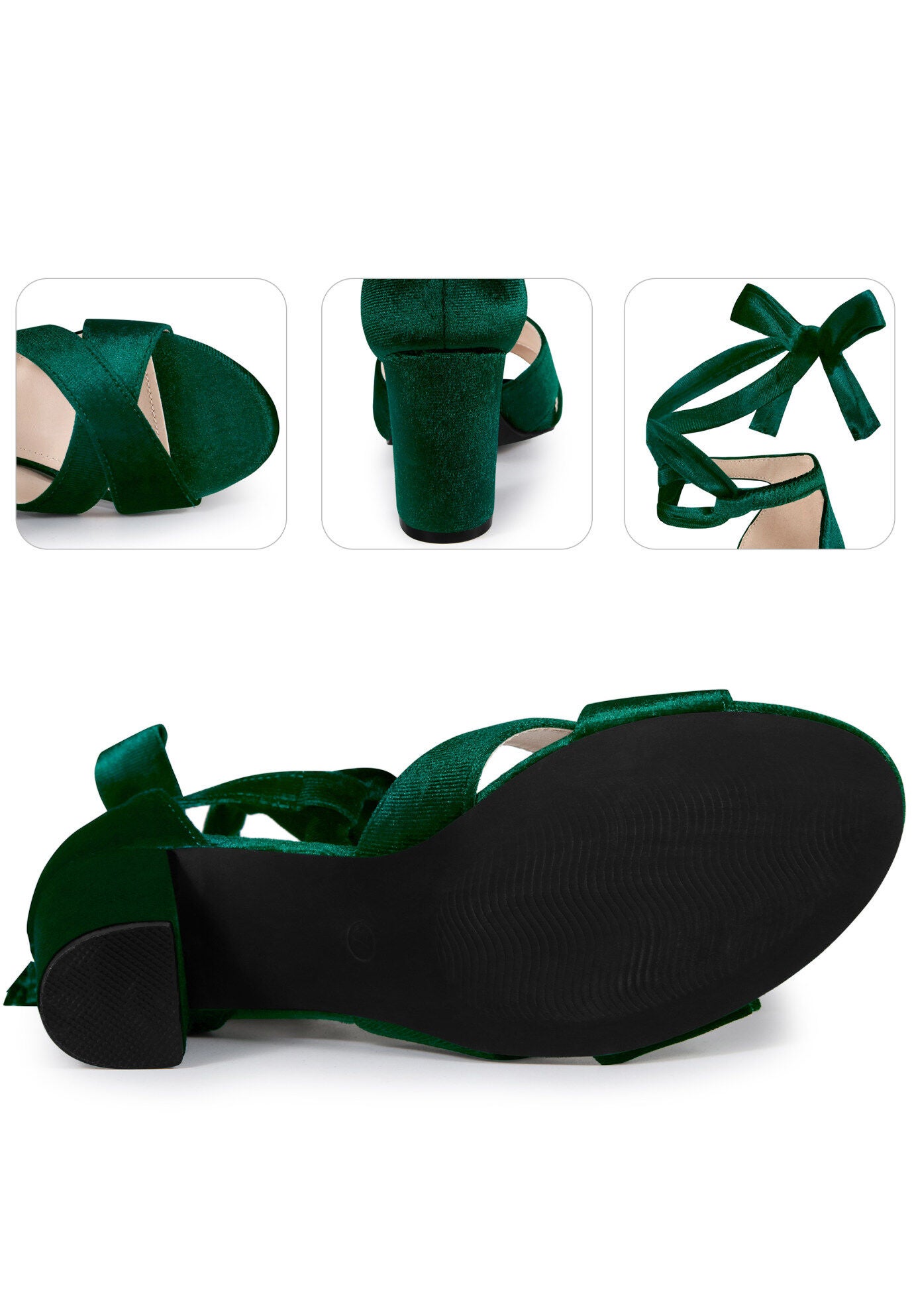 Chunky Heel Cross Strap Lace Up Velvet Sandals, Emerald Green / Hunter Green, alternate image number 2