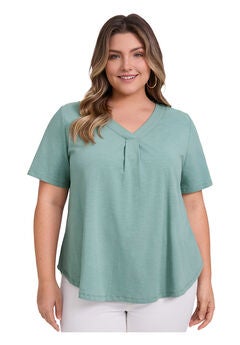 Pleated V Neck Short Sleeve Casual Loose Fit Blouse Tee