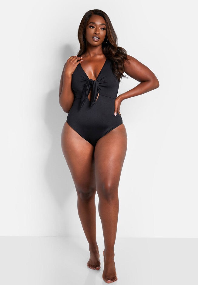 Happy Hour Tie Front Keyhole Swimsuit, Black / Black, hi-res image number 0