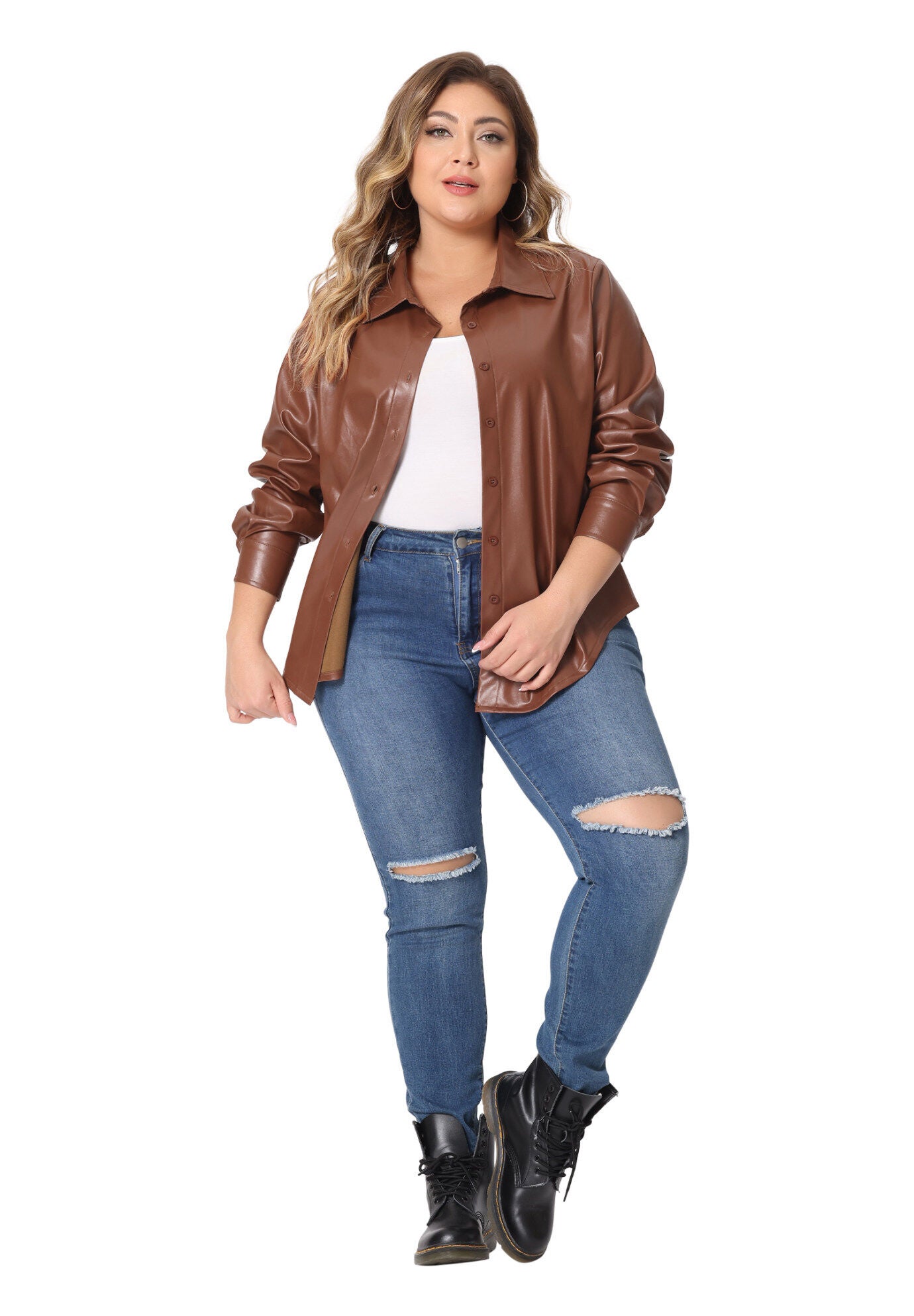 FAUX LEATHER JACKET SHACKET BUTTON DOWN SHIRT, Brown / Brown, hi-res image number 0