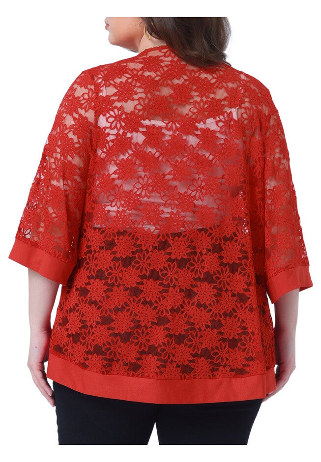 LACE CROCHET CARDIGAN 3/4 SLEEVE SHEER LIGHTWEIGHT COVER UP, Red / Red, alternate image number 3