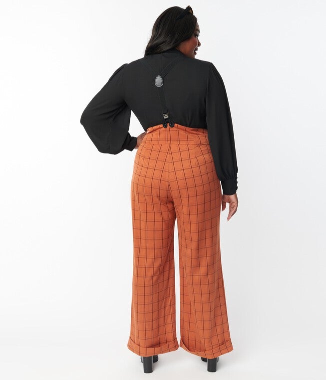 Unique Vintage Orange Windowpane Thelma Suspender Pants, Orange Plaid Gingham / Orange, alternate image number null