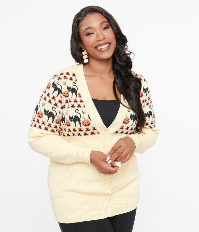 1960s Ivory & Orange Halloween Print Cardigan, Ivory Orange Halloween Print / Ivory, alternate image number null