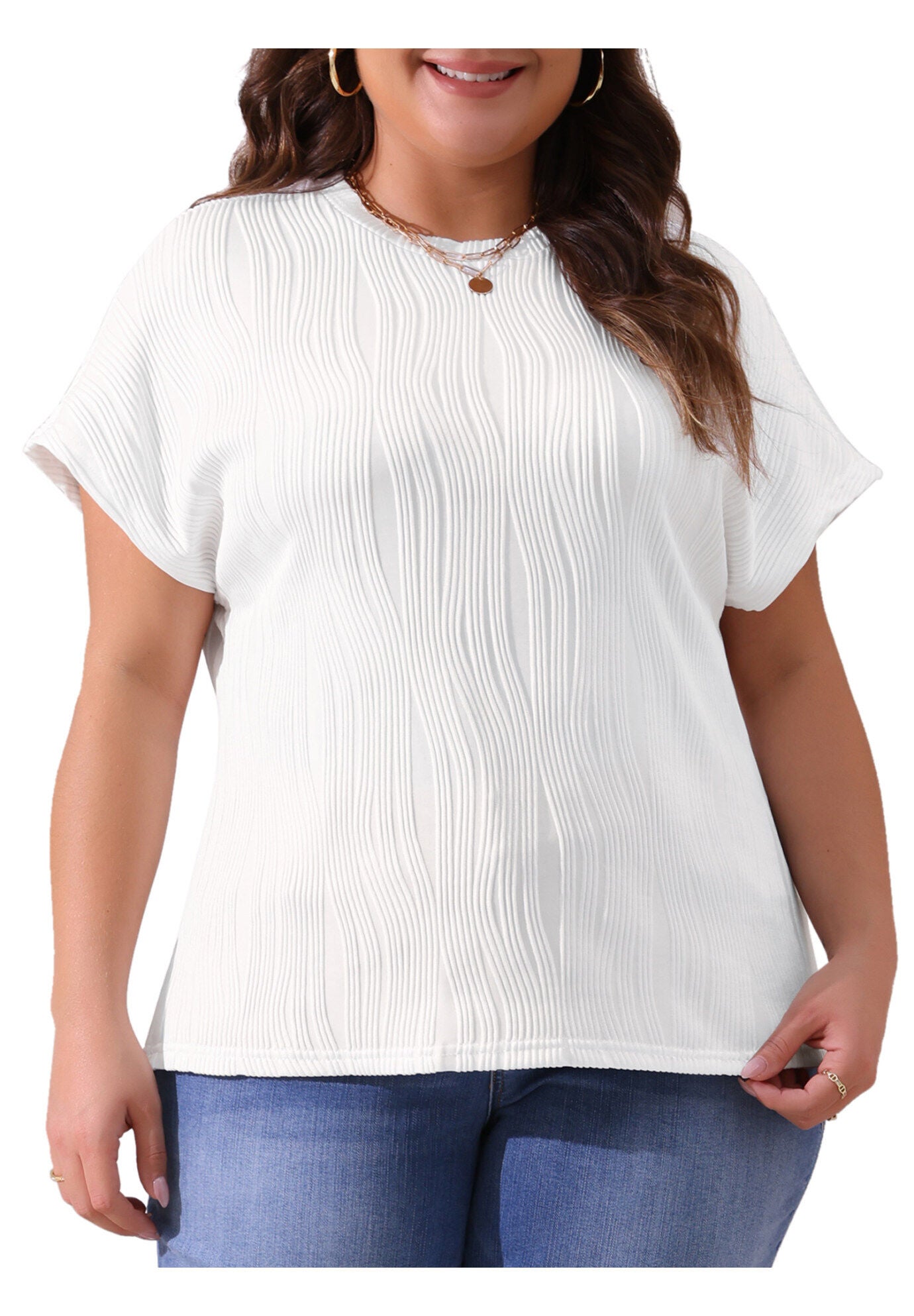 Short Sleeve Textured Top Crewneck T-Shirt, White / White, alternate image number 1