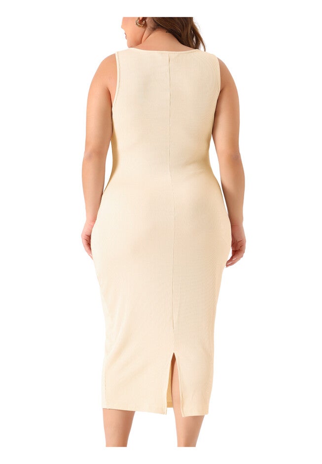 SLEEVELESS SQUARE NECK BODYCON SUNDRESS MIDI TANK DRESS, Apricot / Cream, alternate image number 3