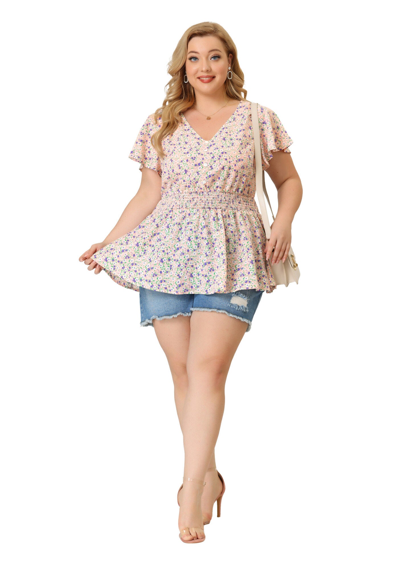 Button V Neck Smocked Waist Flare Short Sleeve Peplum Floral Blouse, Pink / Pink, hi-res image number 0