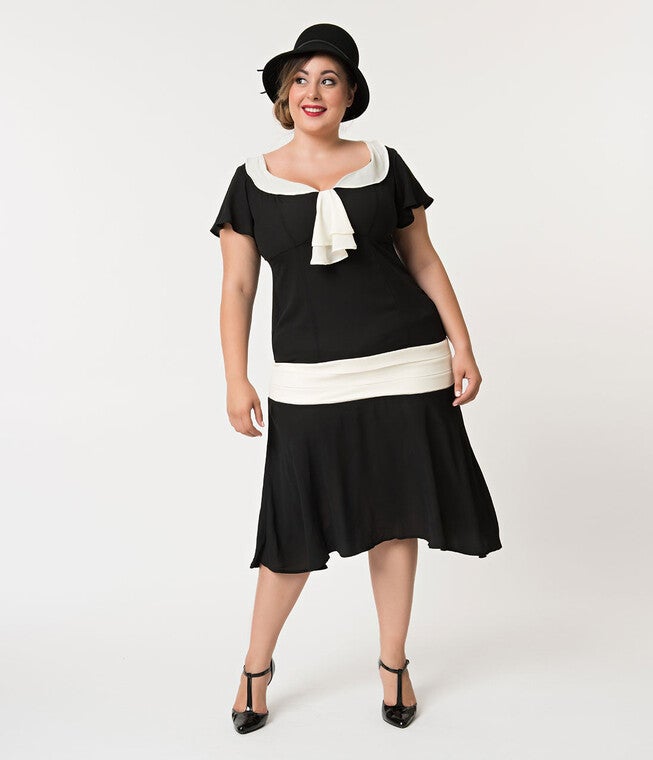 Unique Vintage 1920s Black & Cream Wilshire Flapper Day Dress, Black / Black, hi-res image number 0