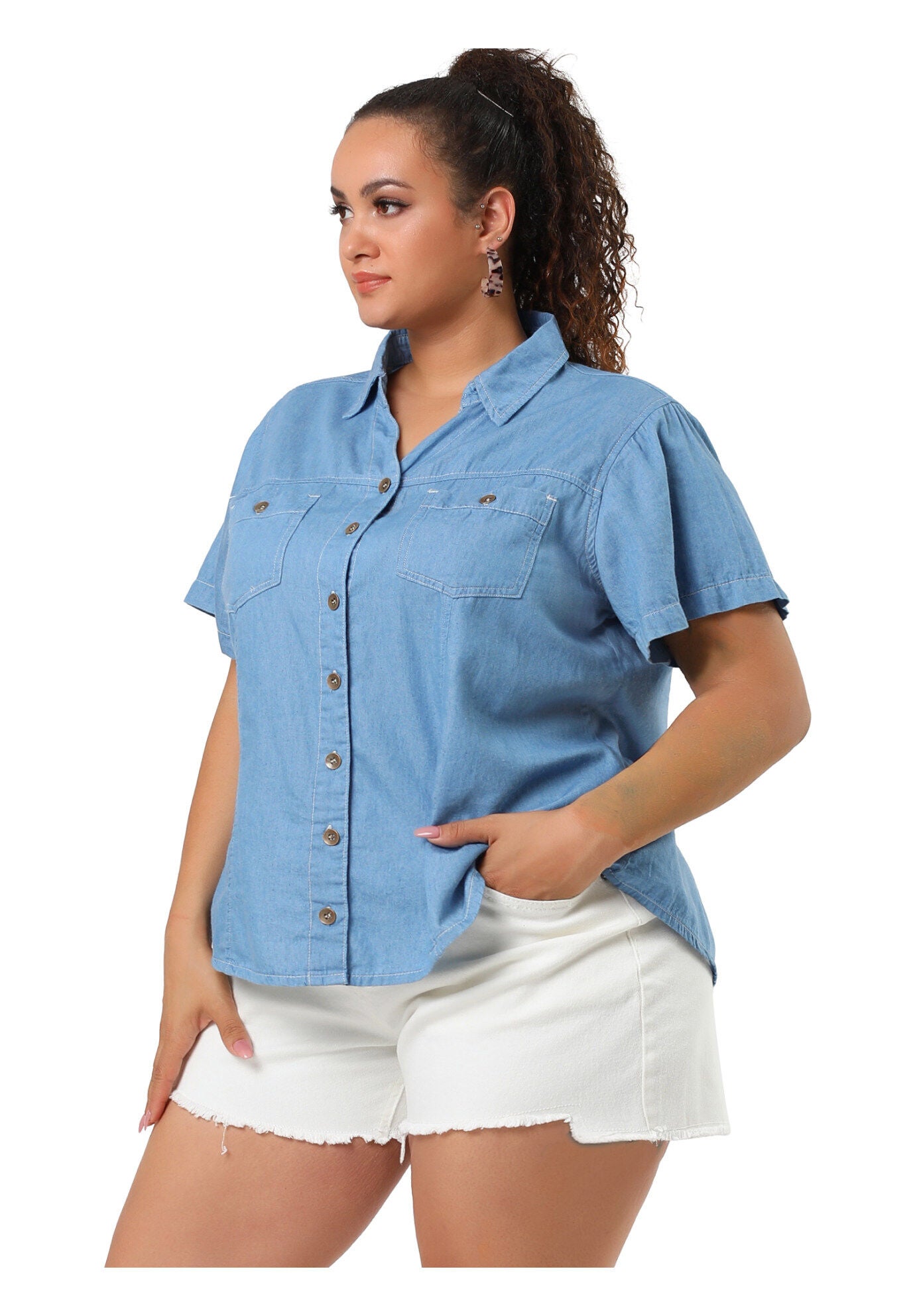 Short Sleeve Chambray Button Down Denim Shirt, Light Blue / Light Blue, alternate image number 3