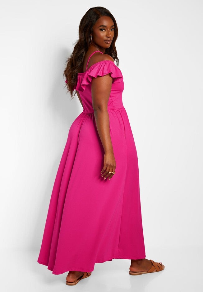 Pure Intentions Ruffle Sleeve Maxi A Line Dress W. Pockets, Fuchsia / Deep Fuchsia, alternate image number 4