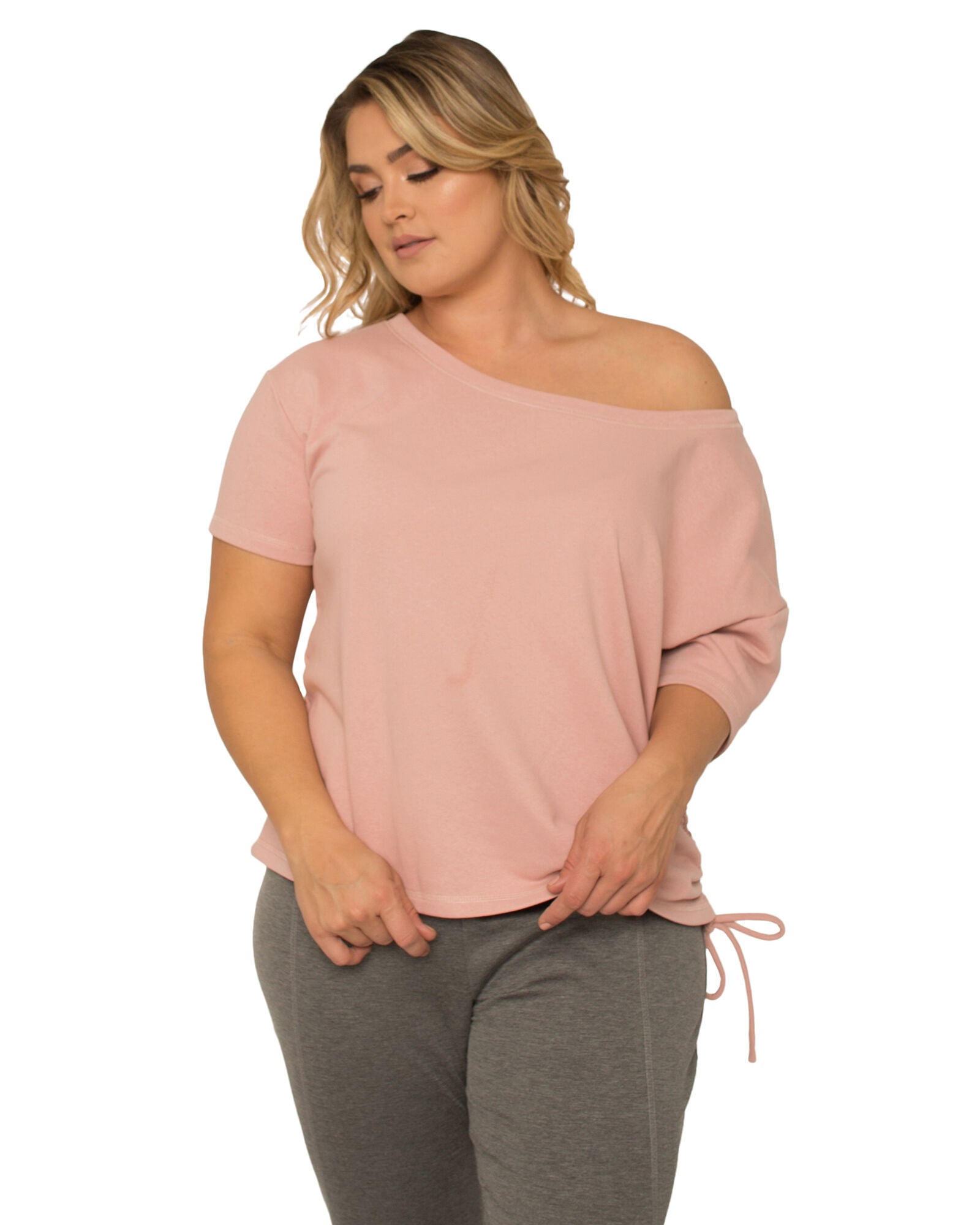 Nola Plus Size Boat Neck French Terry Ruched Tee, Mauve / Mauve, hi-res image number 0