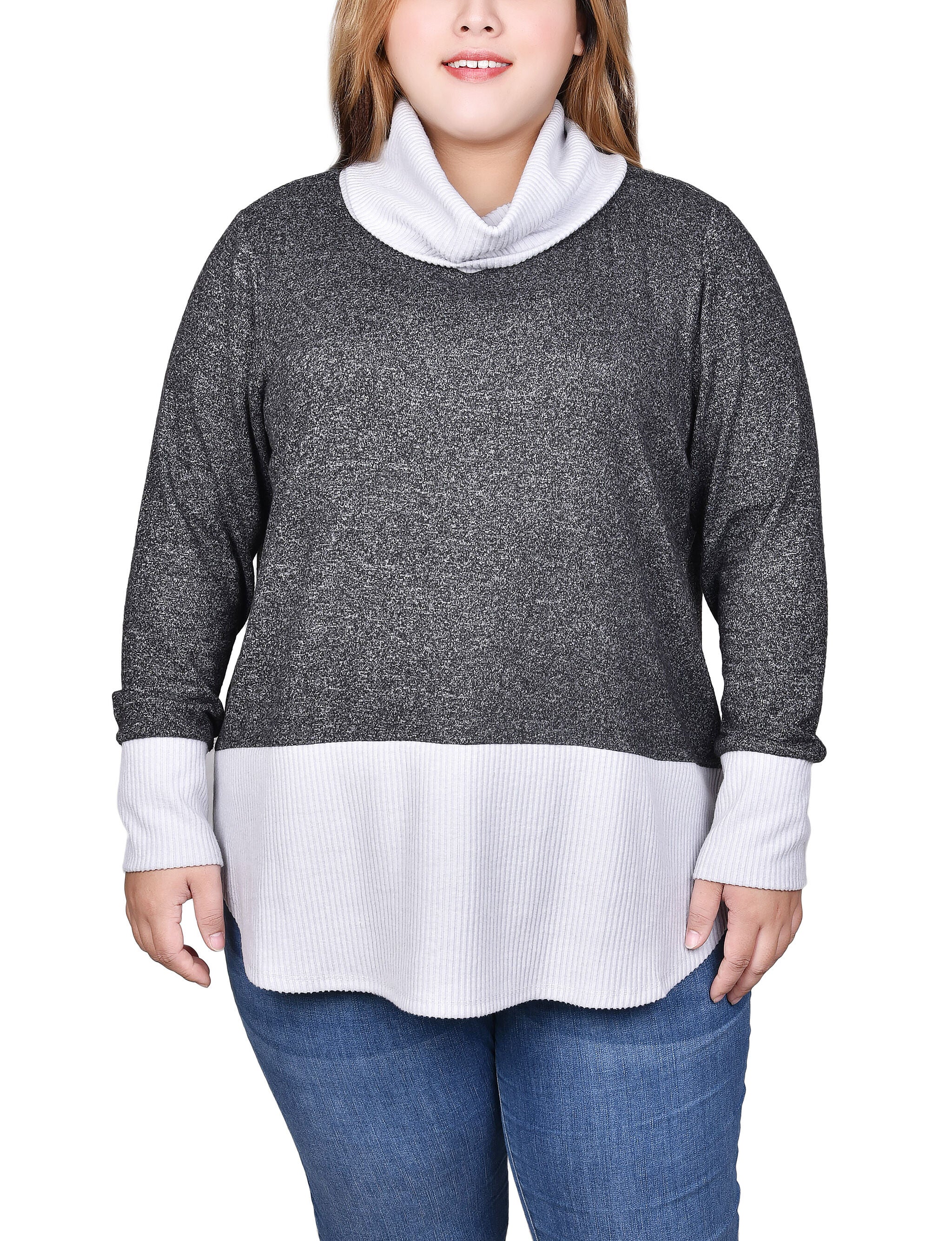 Long Sleeve Cowl Neck Colorblocked Top, Black Charcoal, hi-res image number 0