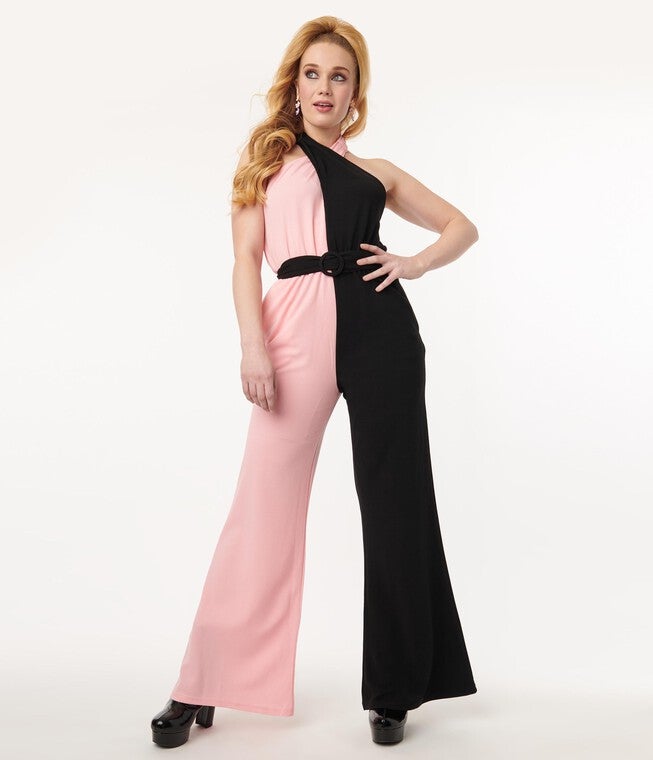 Smak Parlour Pink & Black Colorblock Draped Darling Jumpsuit, Pink Black / Pink, hi-res image number 0