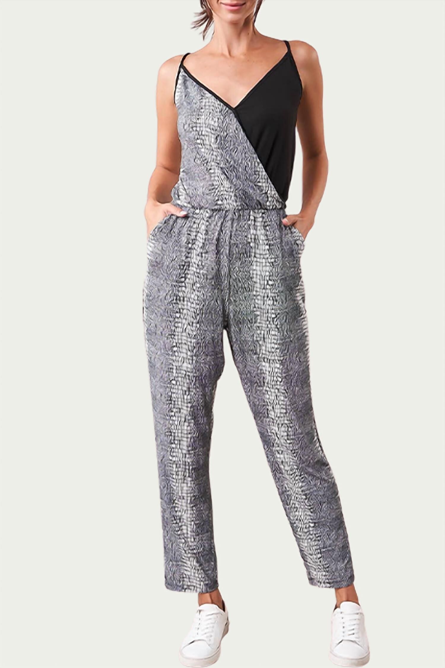 SHELA WRAP-EFFECT TWO-TONE STRETCH-JERSEY JUMPSUIT IN BLACK MULTI, Black Multi / Black, hi-res image number 0