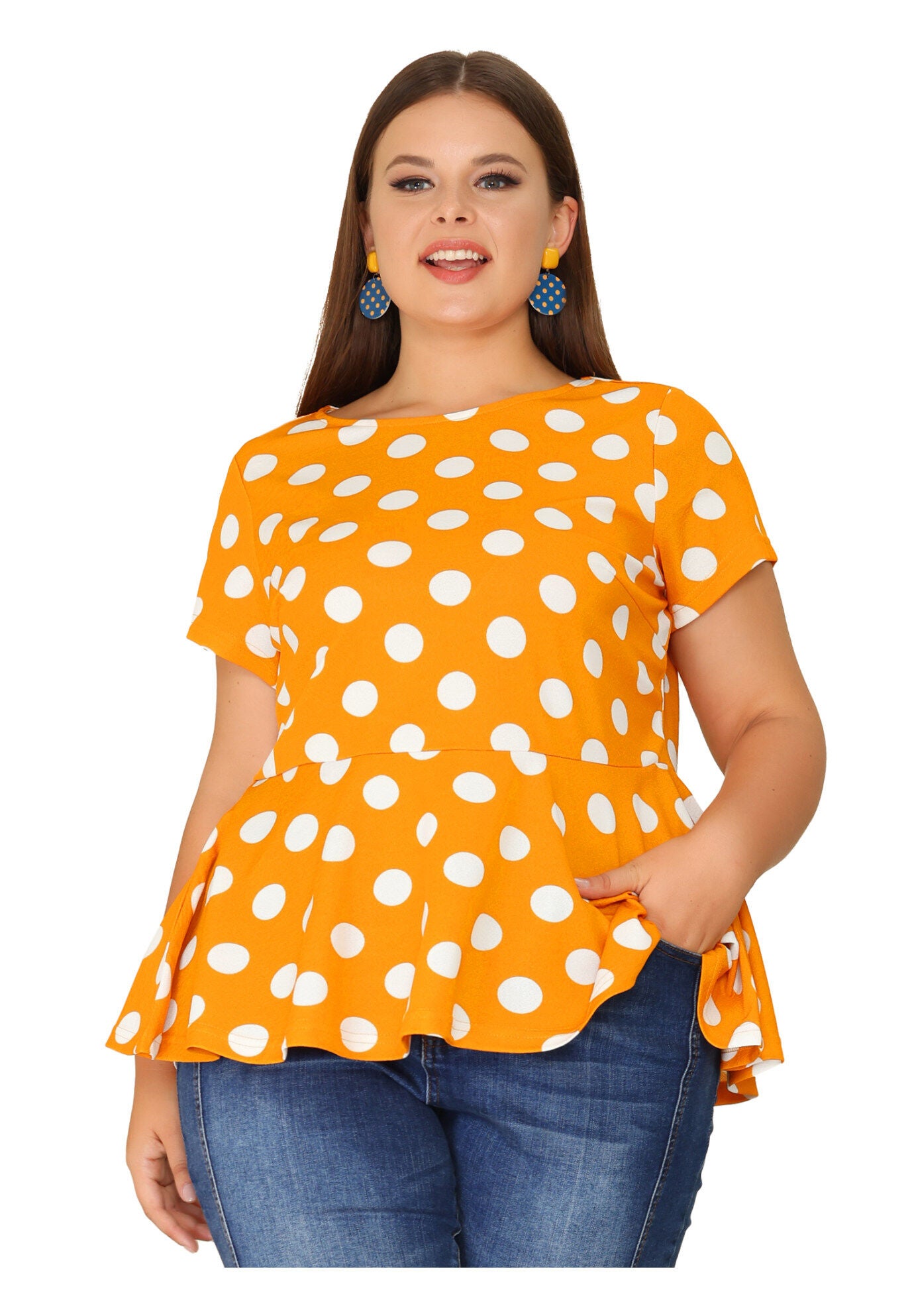 Casual Short Sleeve Polka Dots Peplum Tops Shirts, Orange / Orange, alternate image number 3