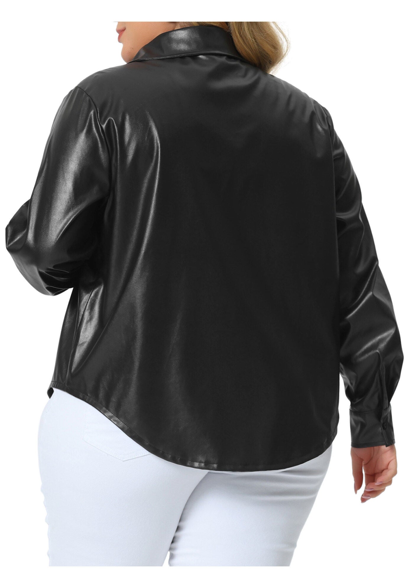 FAUX LEATHER JACKET SHACKET BUTTON DOWN SHIRT, Black / Black, alternate image number 3