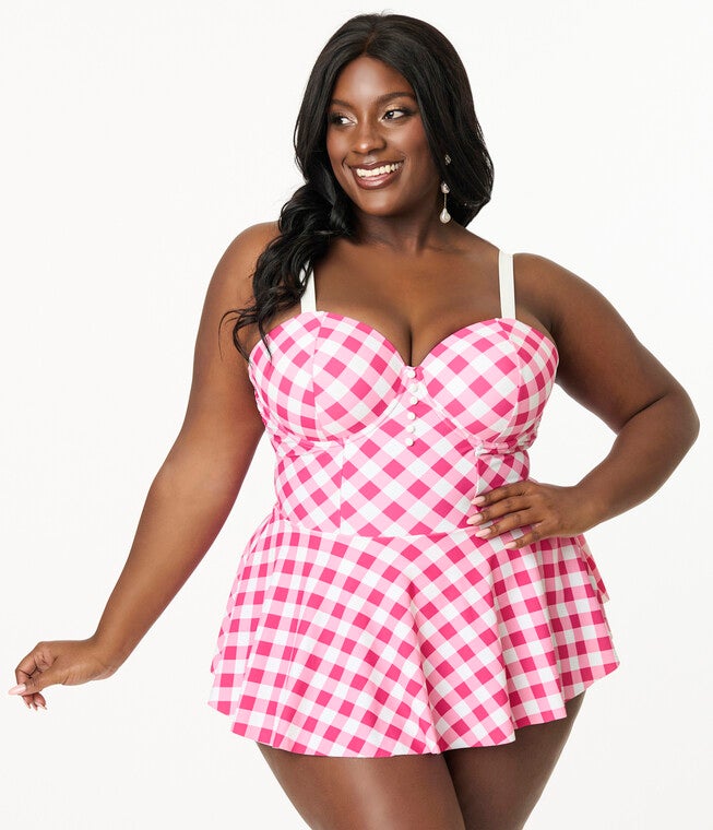 Unique Vintage Plus Size Pink & White Gingham Skirted One Piece Swimsuit, Pink / Pink, hi-res image number 0