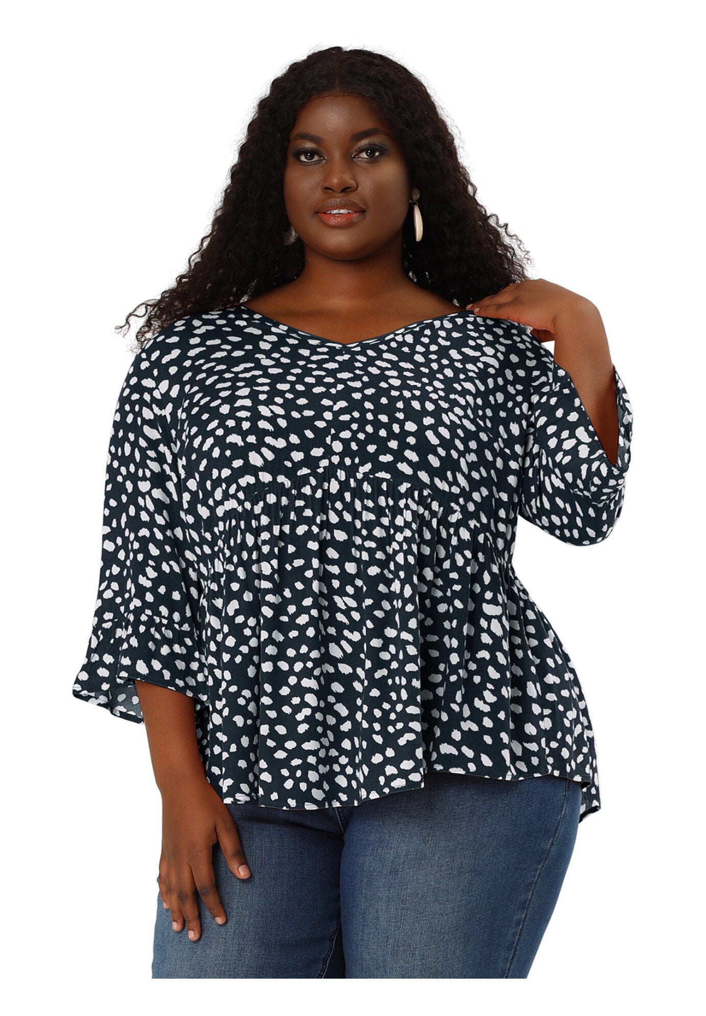 Polka Dots Blouse 3/4 Ruffle Sleeve Peplum Top, Navy Blue / Navy, hi-res image number 0