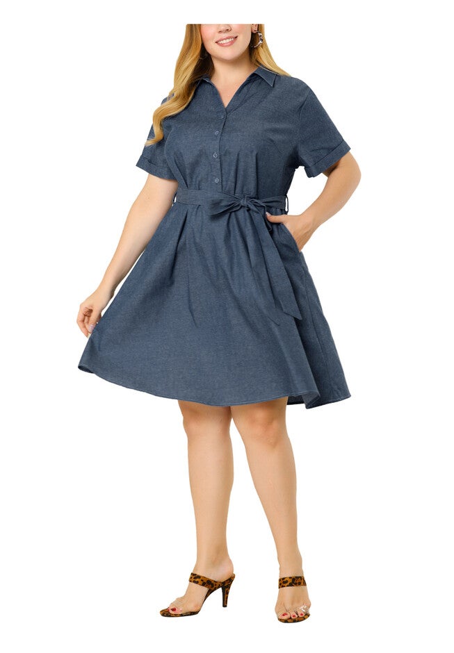 Buttons Belted Short Sleeves Chambray Dress, Dark Blue / Navy, alternate image number 2