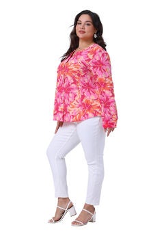 Floral Long Sleeve Notched V Neck Shirt Blouse