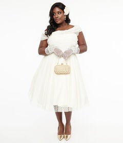 Unique Vintage 1950s Ivory Clip Dot Off The Shoulder Cocktail Dress