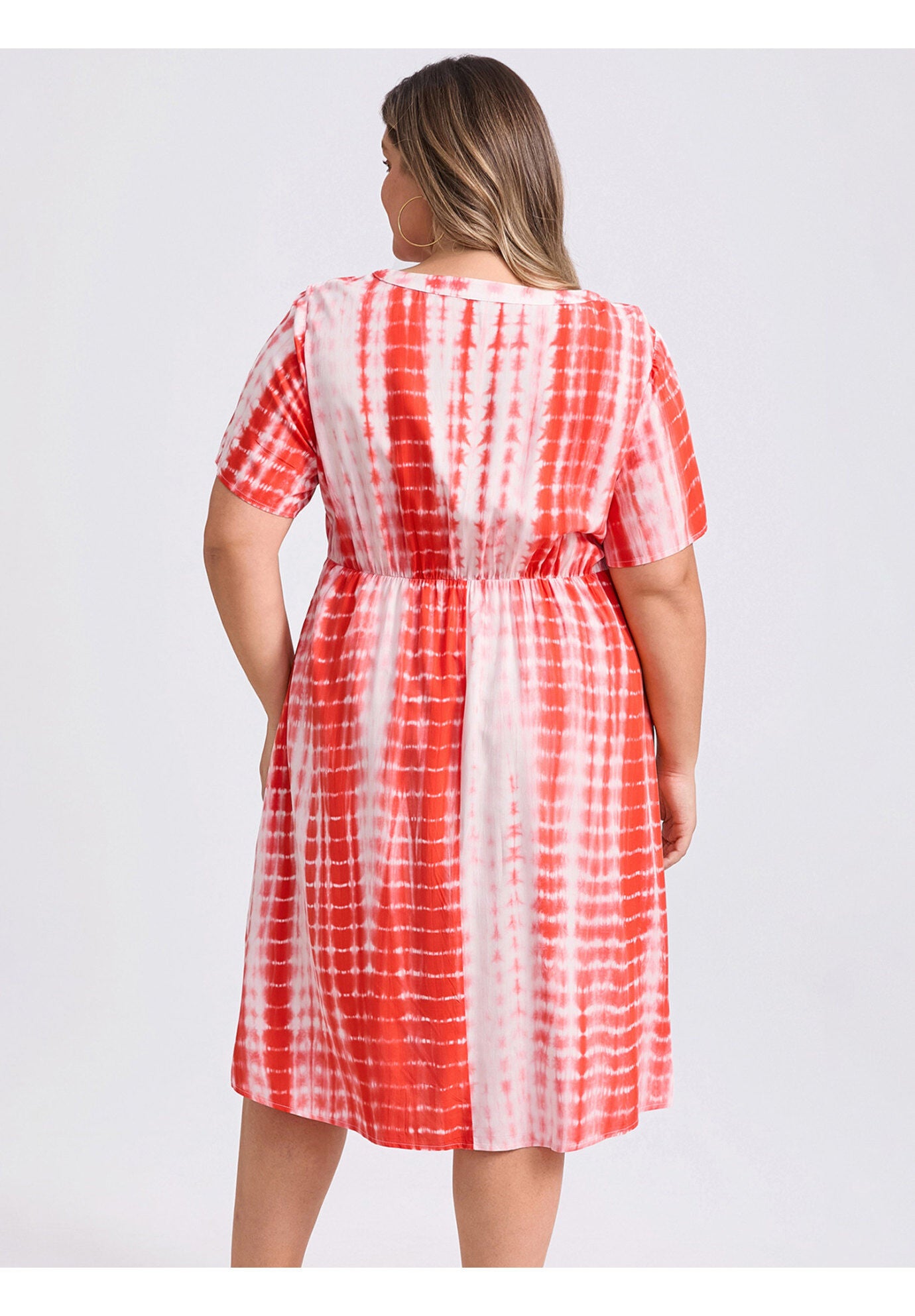 Toothpick Pleated Tie Dye Button Decor Round Neck Short Sleeve A-Line Dresses with Pockets, Orange / Orange, alternate image number 2