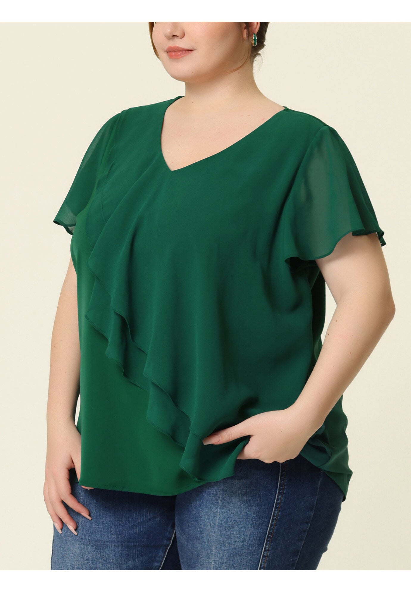 Flutter Sleeves Blouse V Neck Layer Chiffon Ruffle Top, Green / Forest Green, alternate image number 1