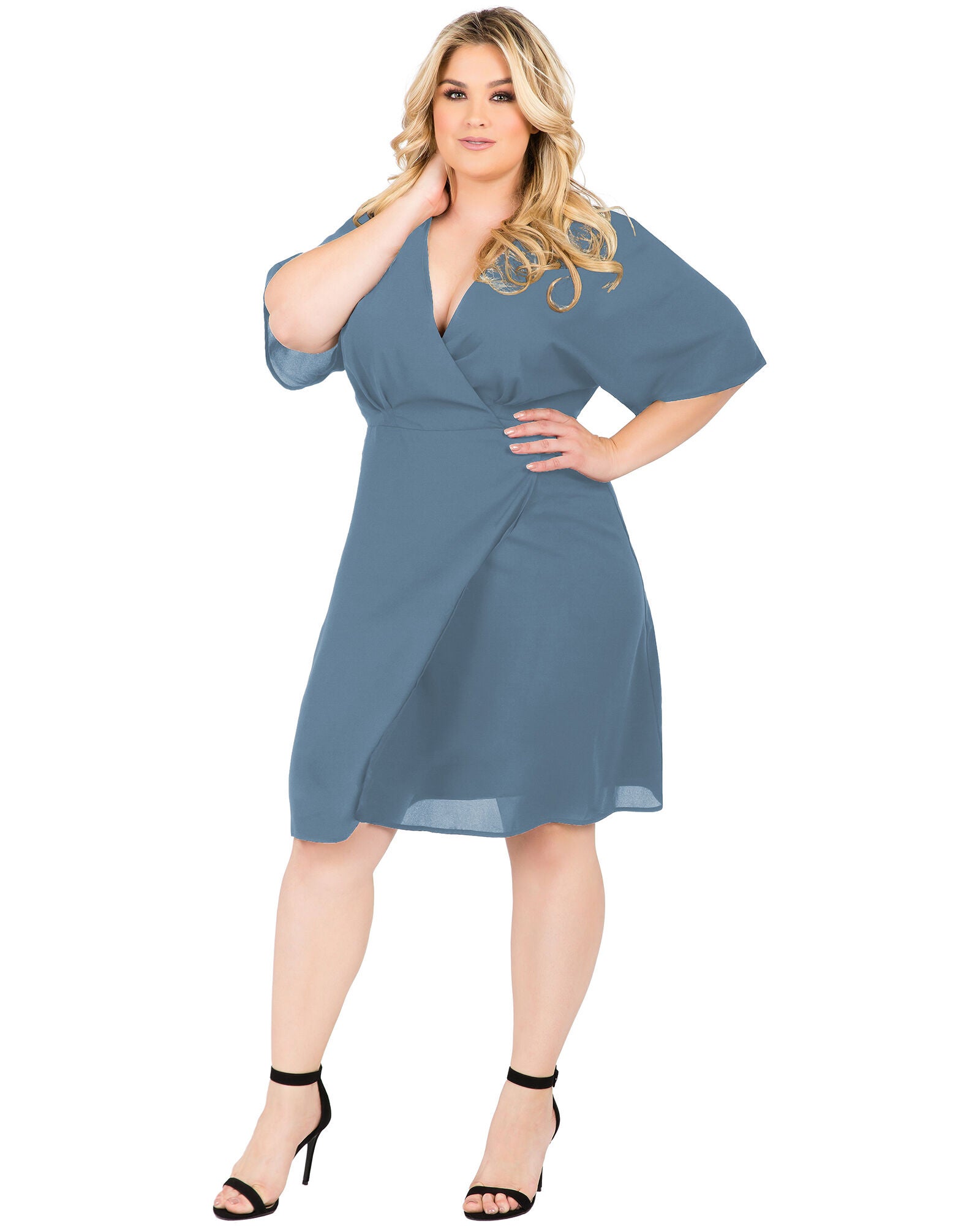 Plus Size Candice V-Neck Kimono Wrap Midi Dress, Slate / Light Blue, alternate image number 1