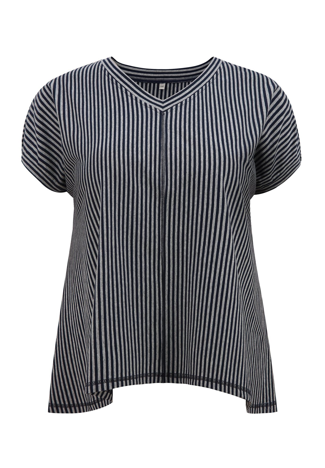 V Neck Short Sleeve Vertical Stripe Drop Shoulder Knit Blouse, Blue Gray / Cool Gray, alternate image number 3