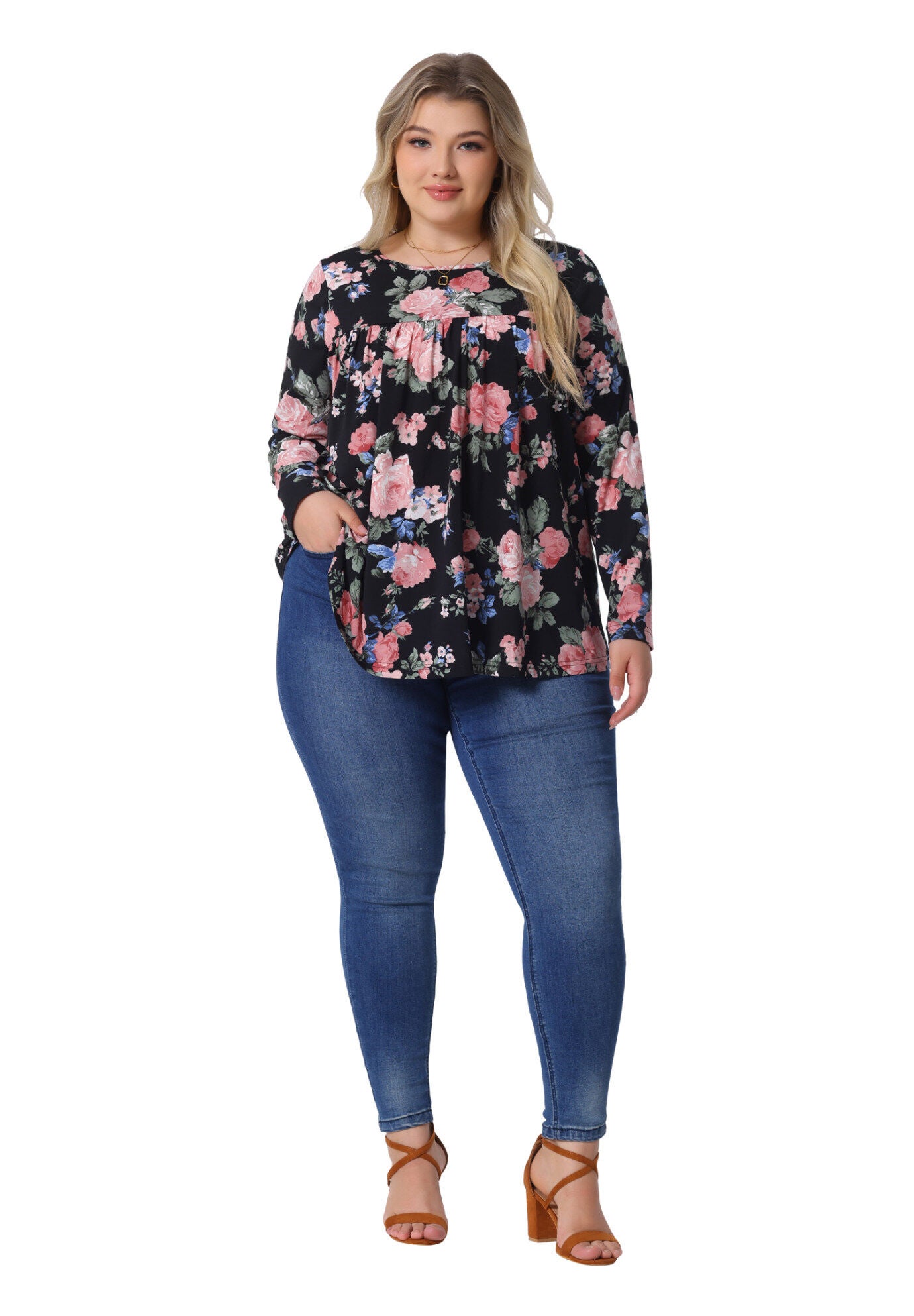 Long Sleeve Tunic Pleated Crew Neck Blouse, Black / Black, hi-res image number 0