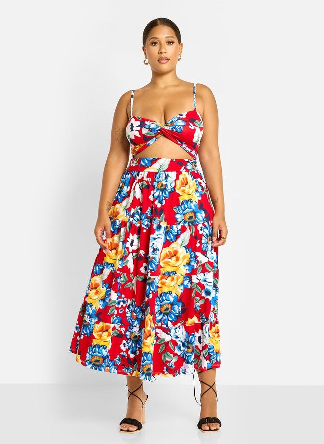 ANALISE FLORAL PRINT SKATER MAXI SKIRT, Red / Red, alternate image number null