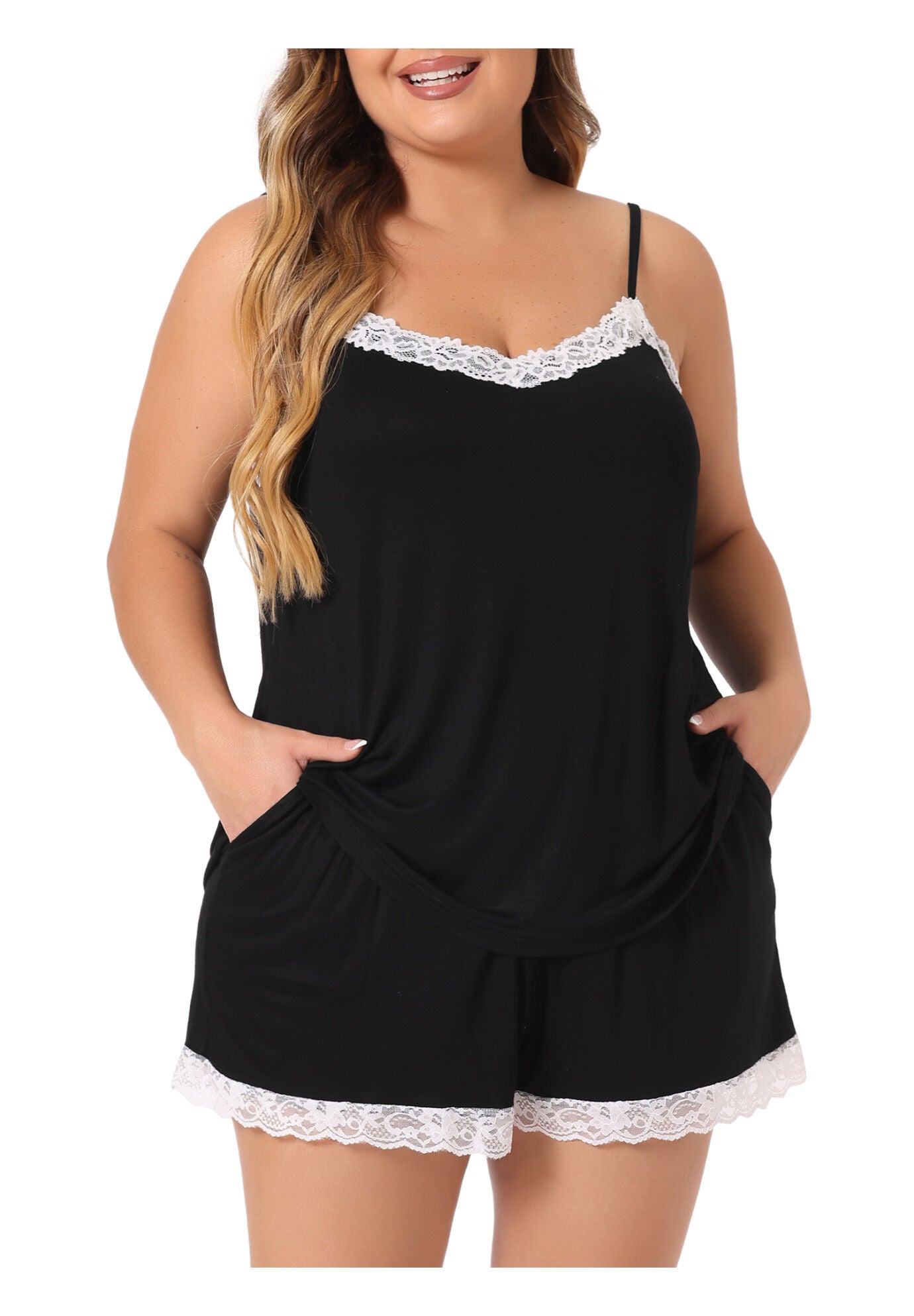 Lace Panel Elastic Waist Cami Sleep Lounge Pajama Sleepwear Set, Black / Black, alternate image number 2