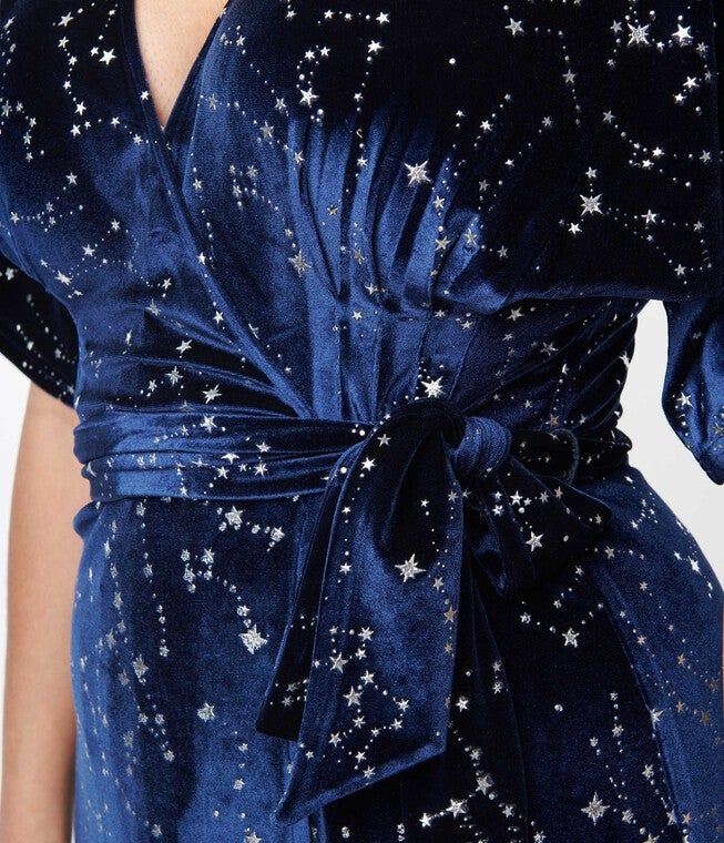 Unique Vintage Navy & Silver Stars Velvet Wrap Midi Dress, Navy Silver Stars / Navy, alternate image number 1