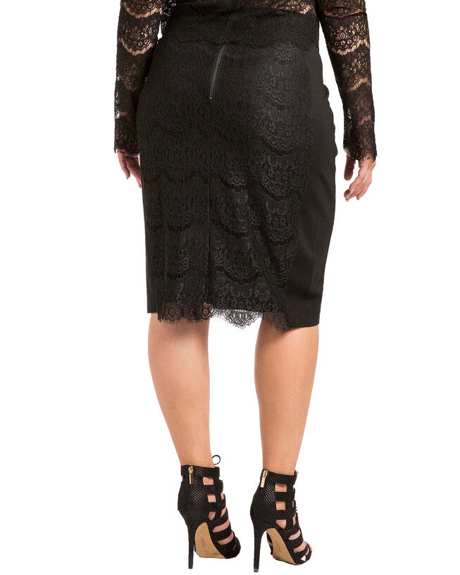 Plus Size Tori Pencil Skirt in Ponte and Lace, Black / Black, alternate image number 1