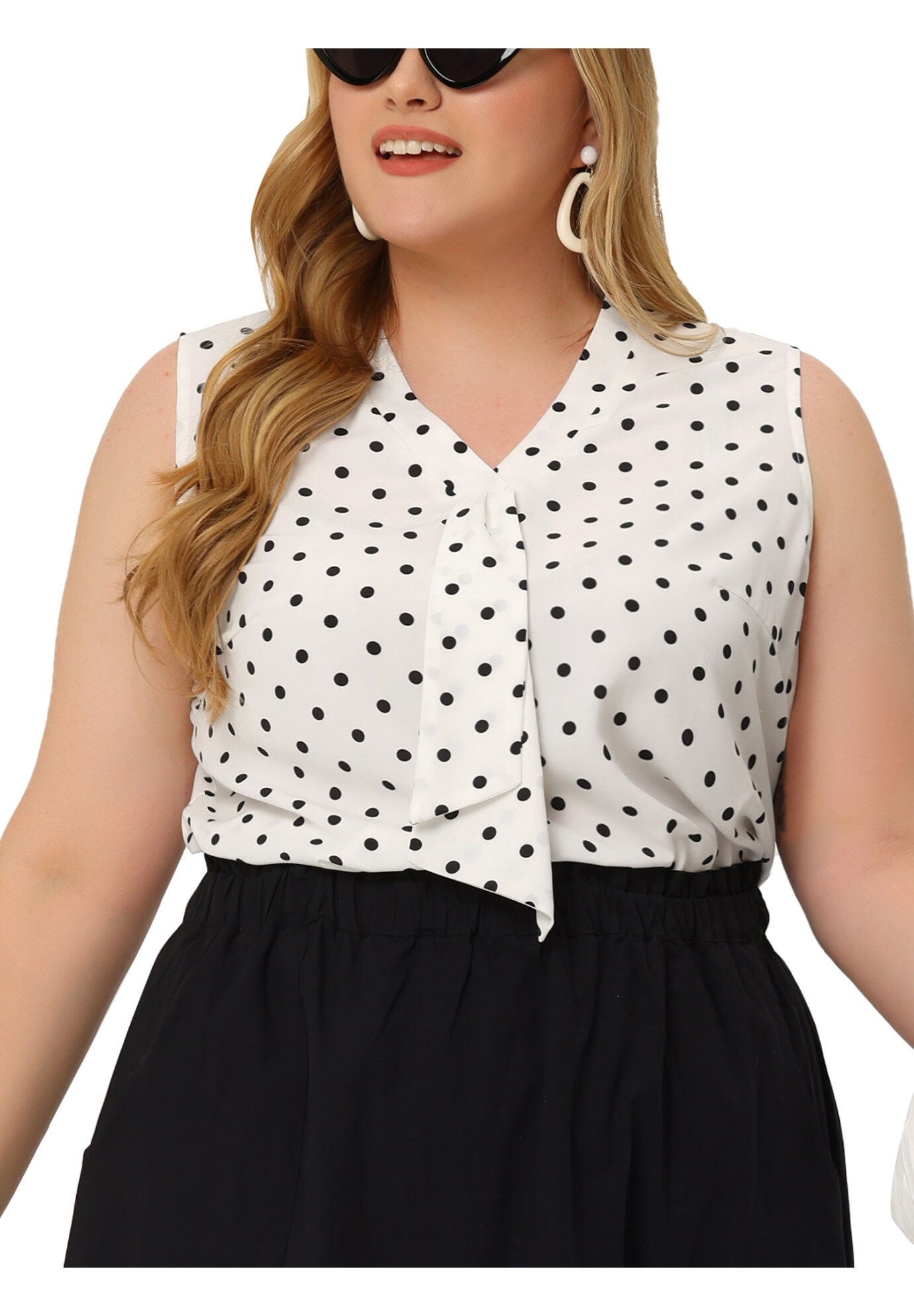 POLKA DOTS V NECK TIE NECK SLEEVELESS BLOUSE TANK TOP, White / White, alternate image number 2