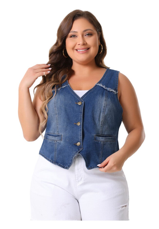 SLEEVELESS V NECK WASHED DISTRESSED WAISTCOAT DENIM VEST, Blue / Chambray Denim Medium, alternate image number 2