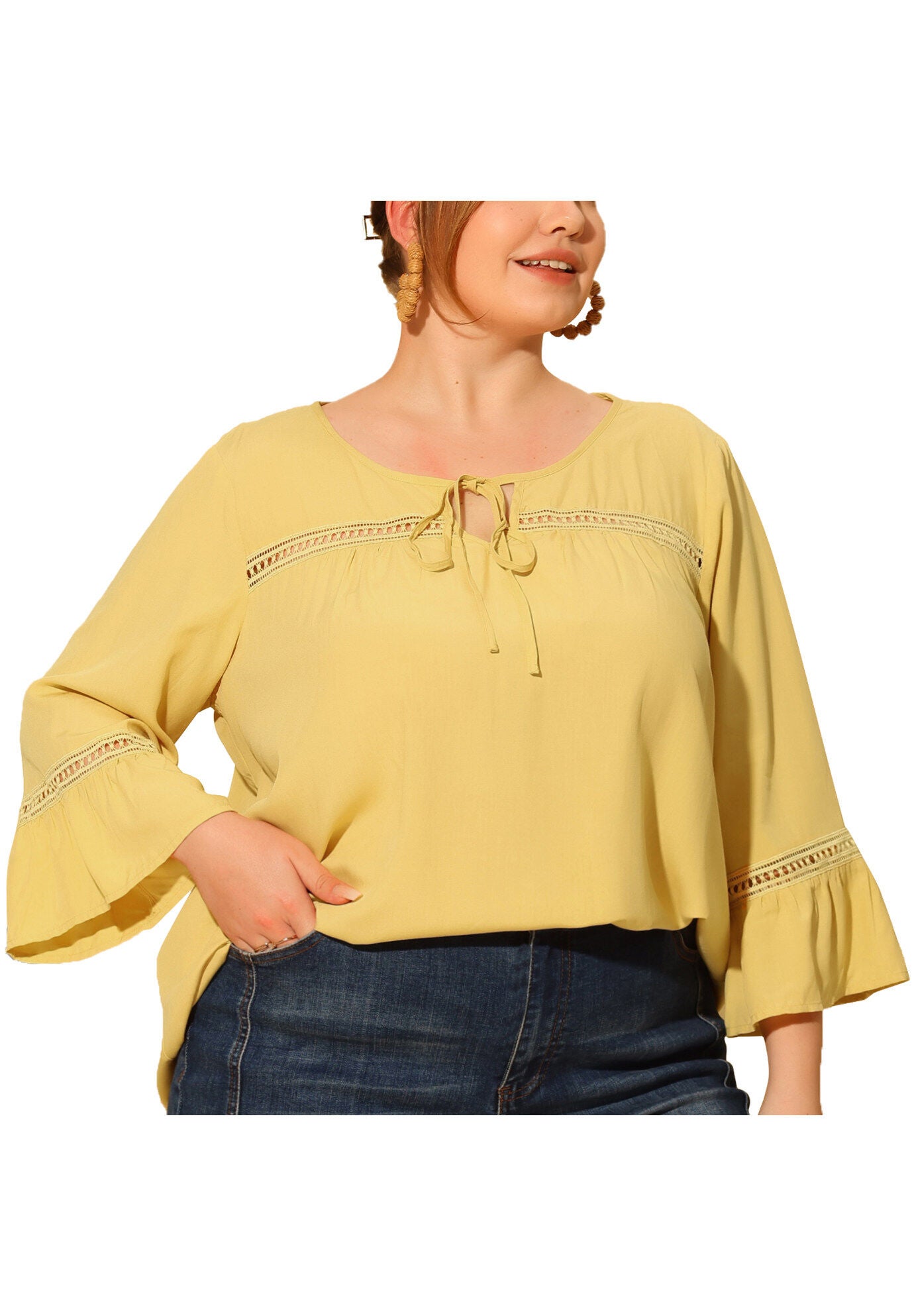 3/4 FLARE SLEEVE PEASANT KEYHOLE TIE BLOUSE TOP, Light Yellow / Light Yellow, alternate image number 1