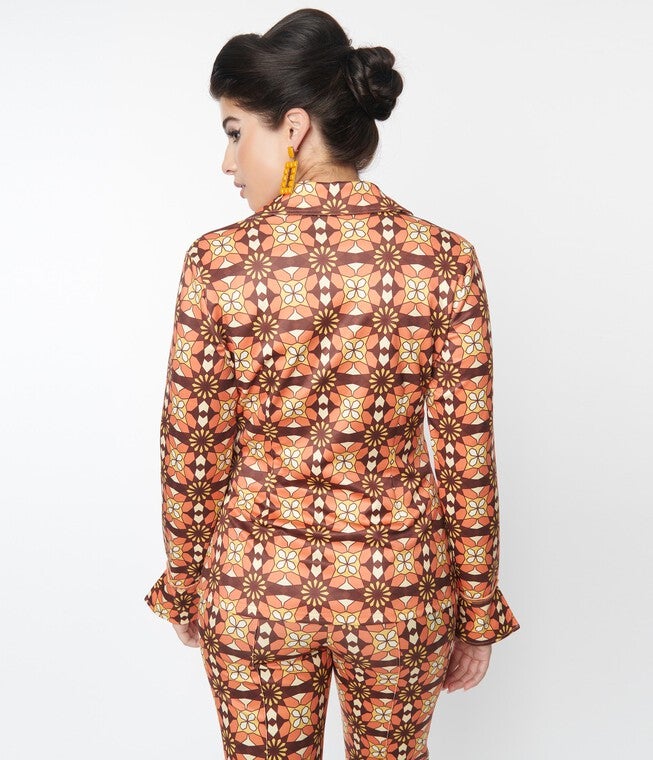 Unique Vintage Orange & Brown Mosaic Blouse, Orange / Orange, alternate image number null