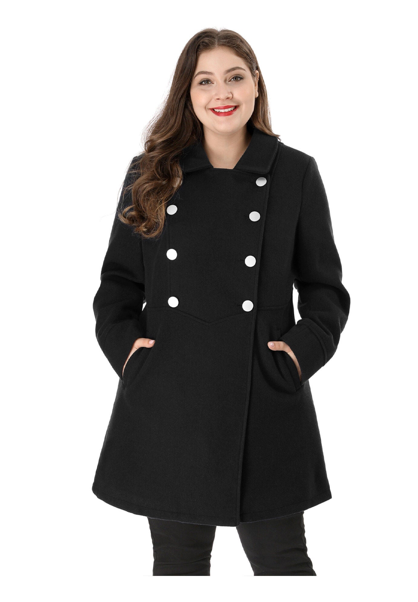 A-Line Peter Pan Collar Double Breasted Peacoat, Black / Black, alternate image number 1