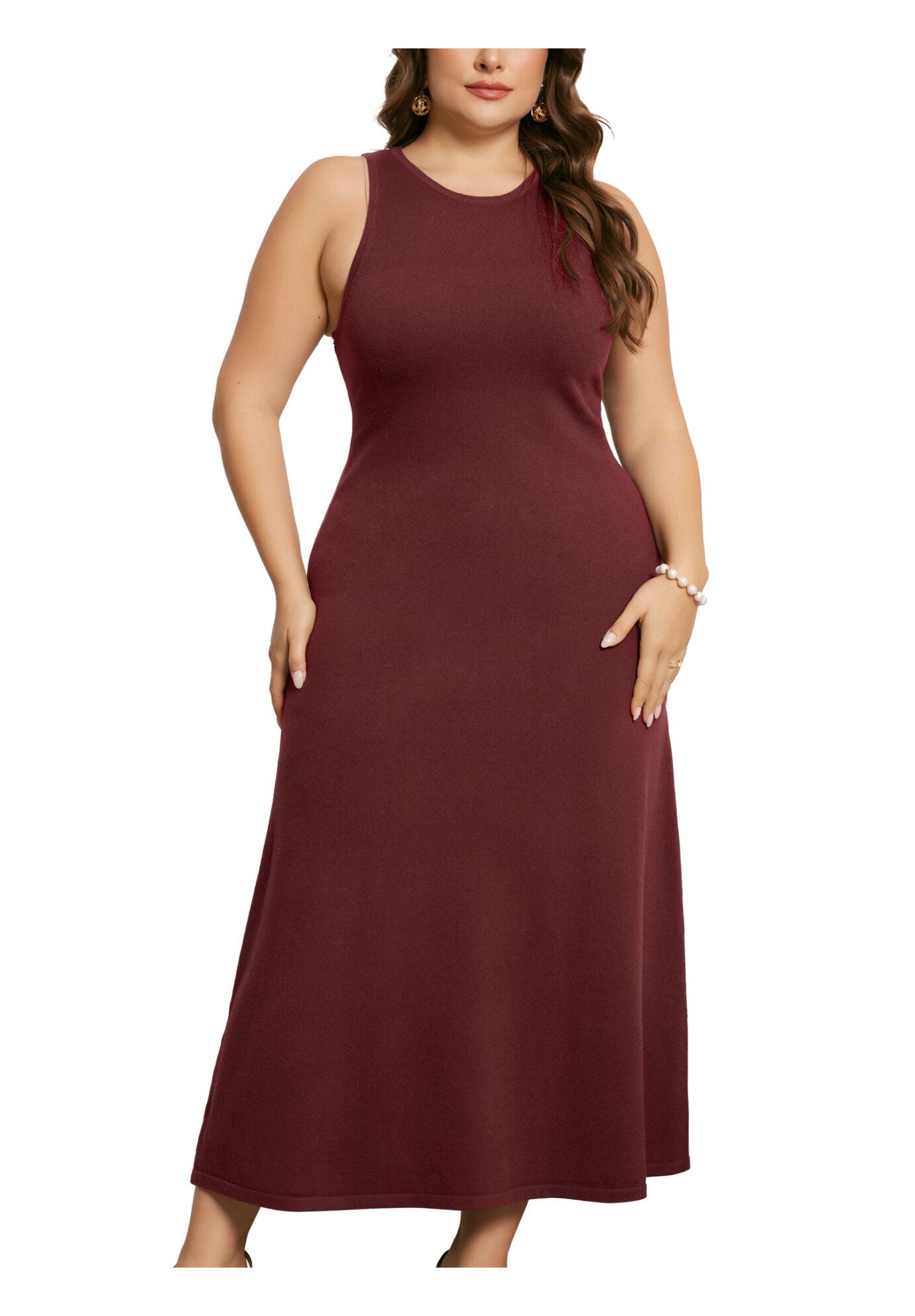 Crewneck Sleeveless Knit Casual Sweater Tank Dress, Burgundy / Burgundy, alternate image number 2