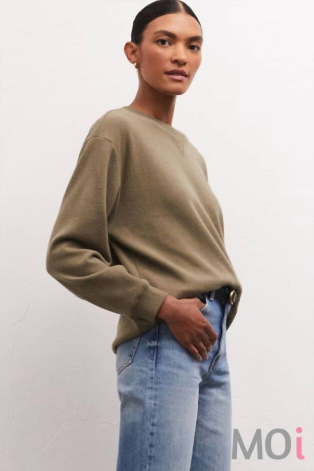 MARINA BRUSHED RIB SWEATSHIRT IN KELP, Kelp / Brown, alternate image number 2