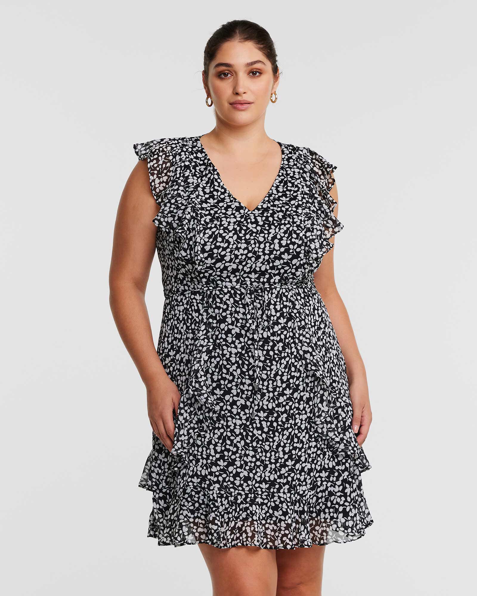 Olivia Black and White Ruffle Mini Dress, Print / Black, alternate image number 1
