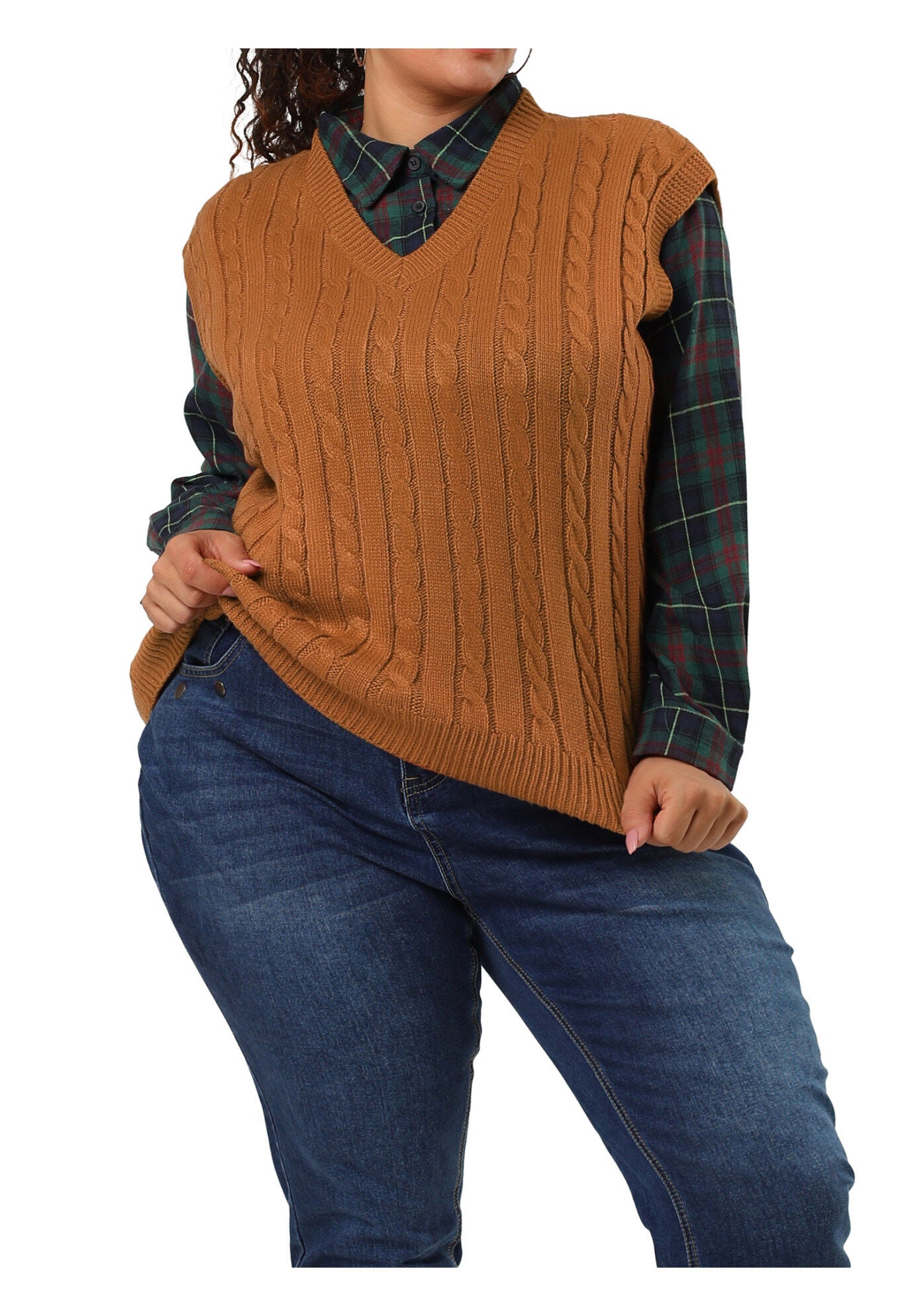 V Neck Cable Knit Sweater Sleeveless Pullover Sweater Vest, Brown / Brown, alternate image number 2