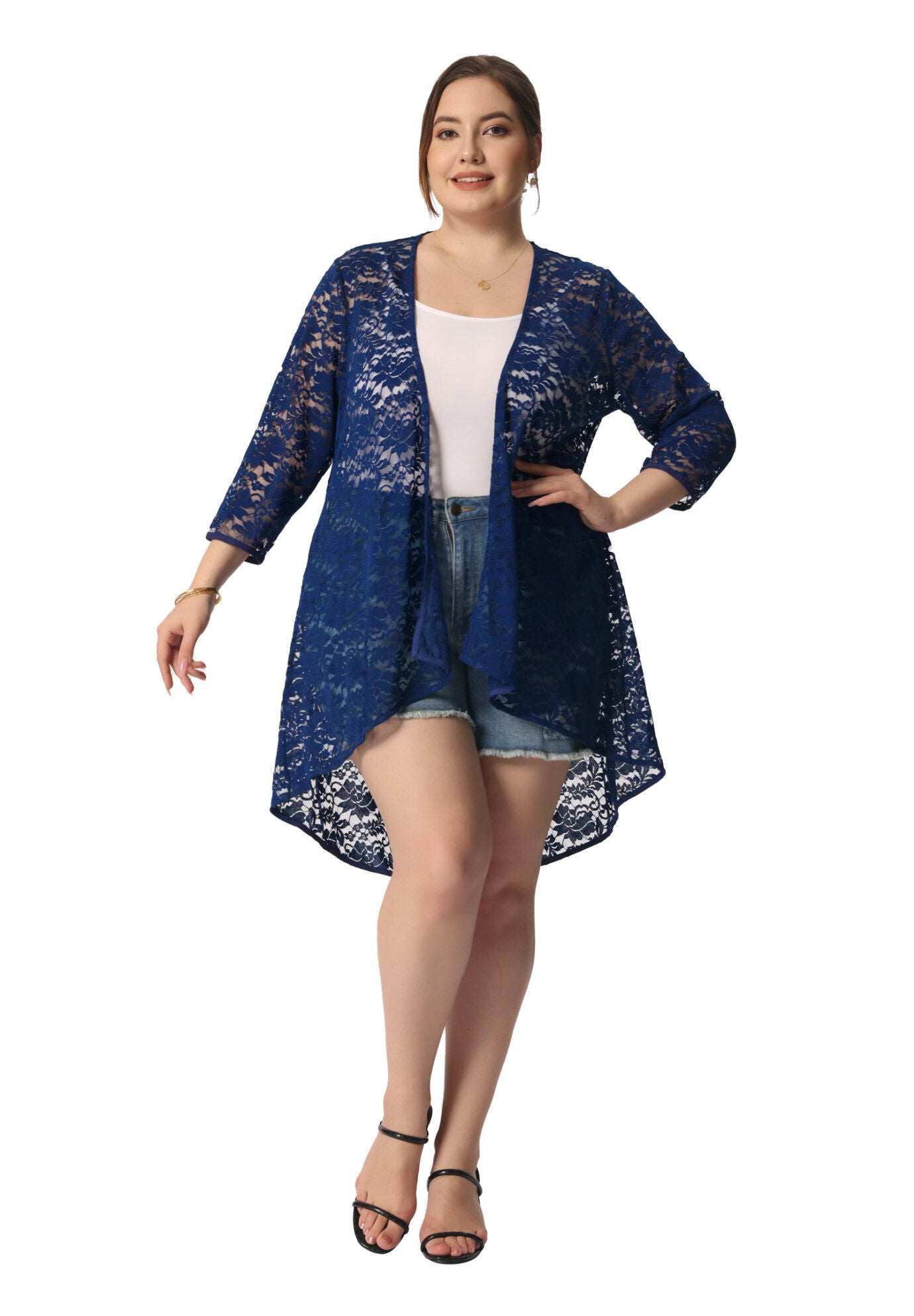 LIGHTWEIGHT 3/4 SLEEVE OPEN FRONT CROCHET LACE COVER UP, Navy Blue / Navy, alternate image number 3