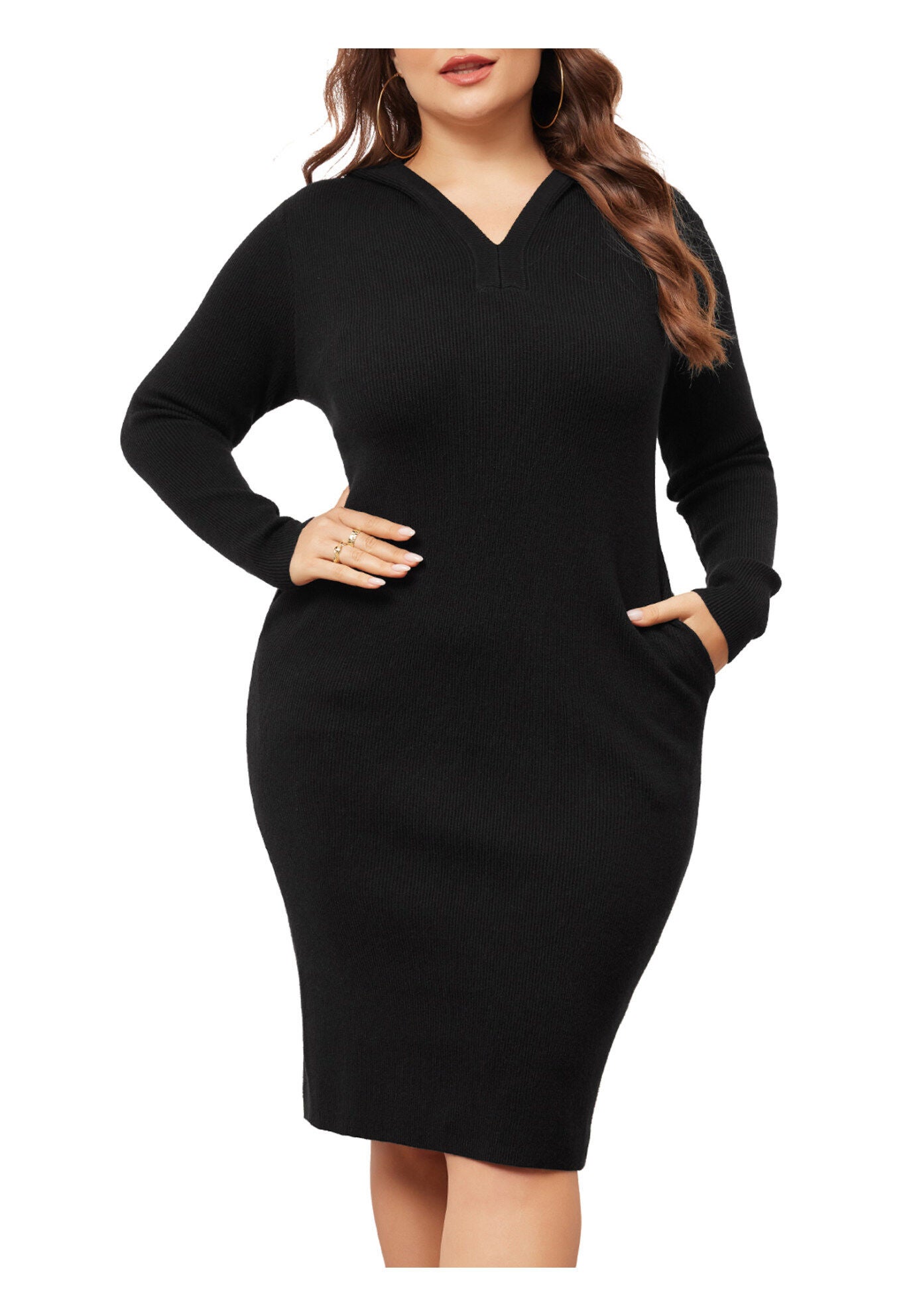Long Sleeve Knit Pullover Hooded with Pocket Sweater Dress, Black / Black, alternate image number 2
