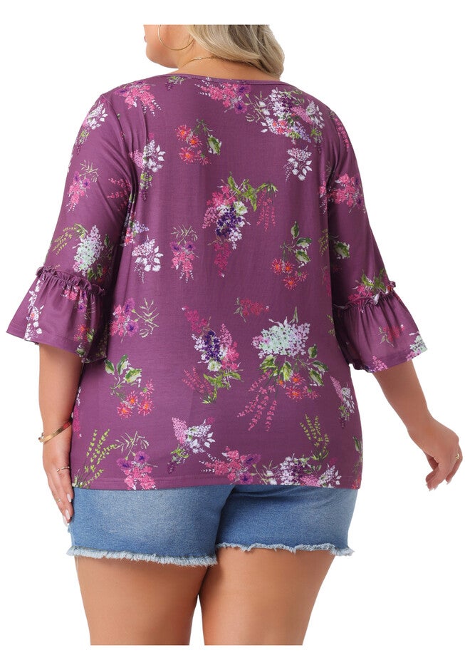 3/4 Ruffle Sleeve Boat Neck Summer Floral Top, Purple / Purple, alternate image number 3