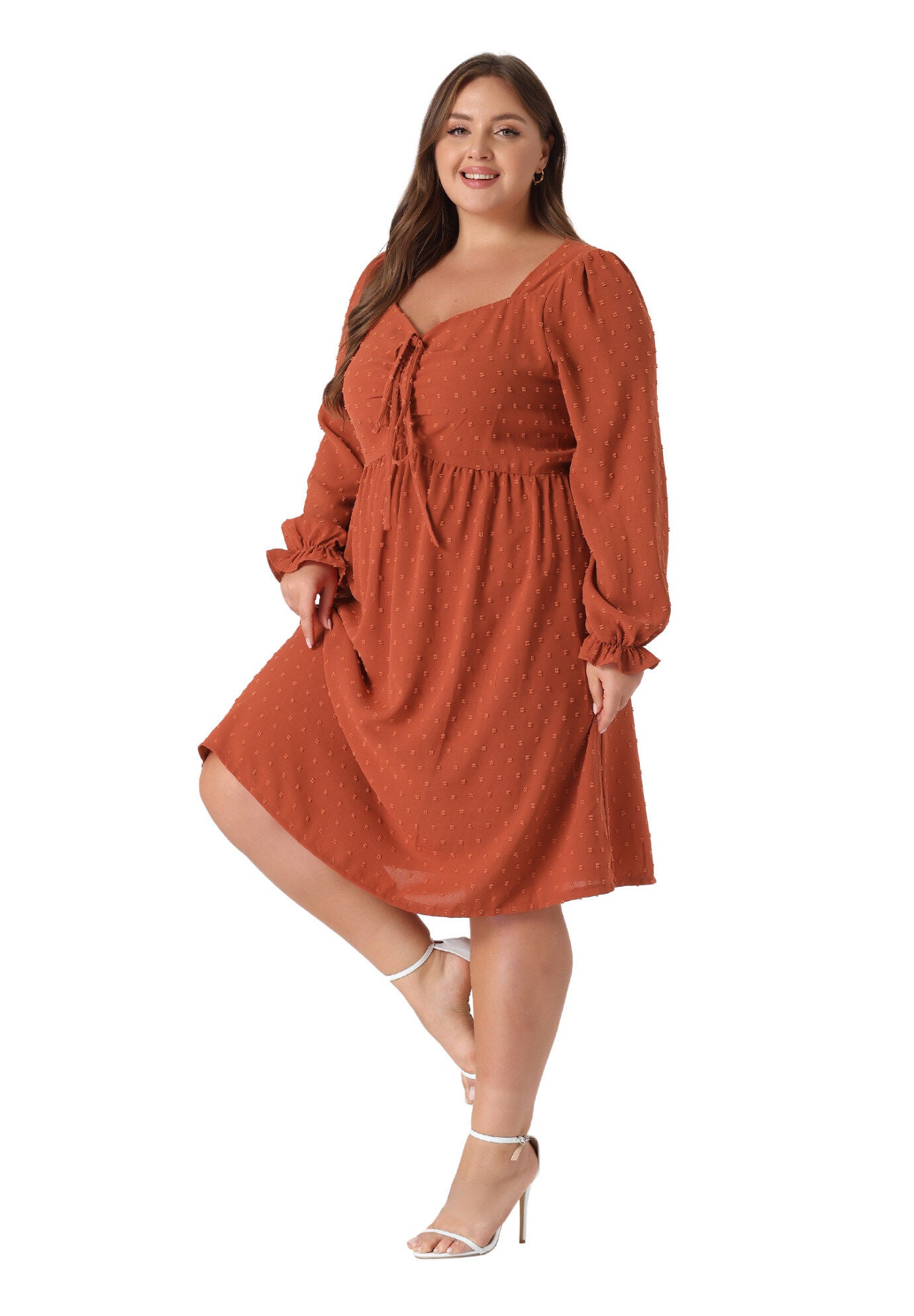Swiss Dots Long Sleeve Sweetheart Neck Ruffle Tiered Midi Dress, Caramel / Brown, hi-res image number 0