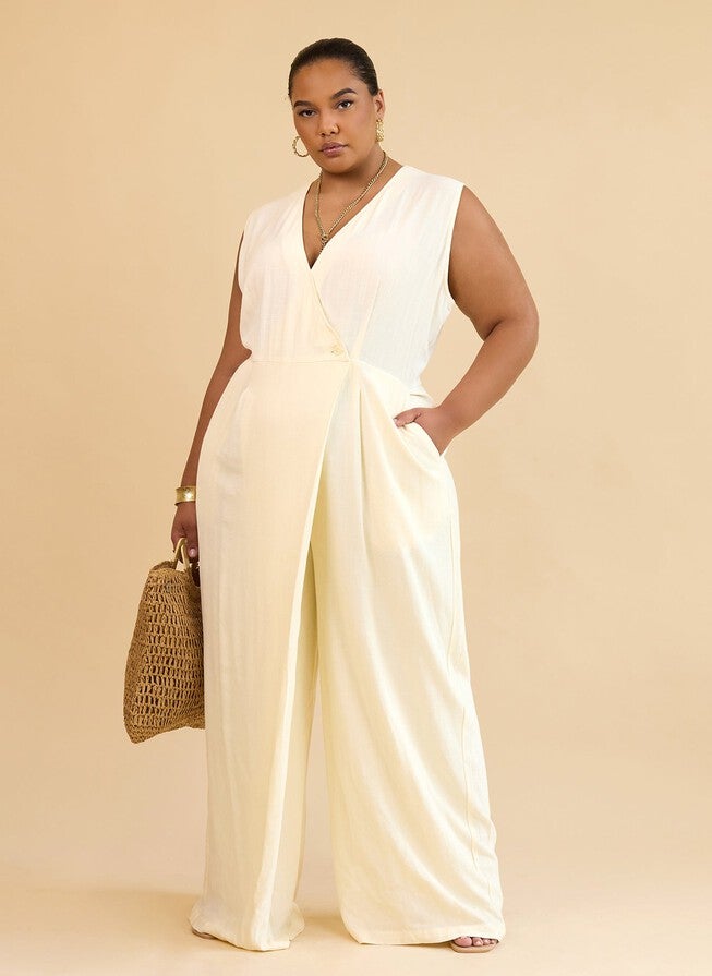 ALIA LINEN WRAP OVERLAY WIDE LEG JUMPSUIT - IVORY, Beige / Beige, hi-res image number 0