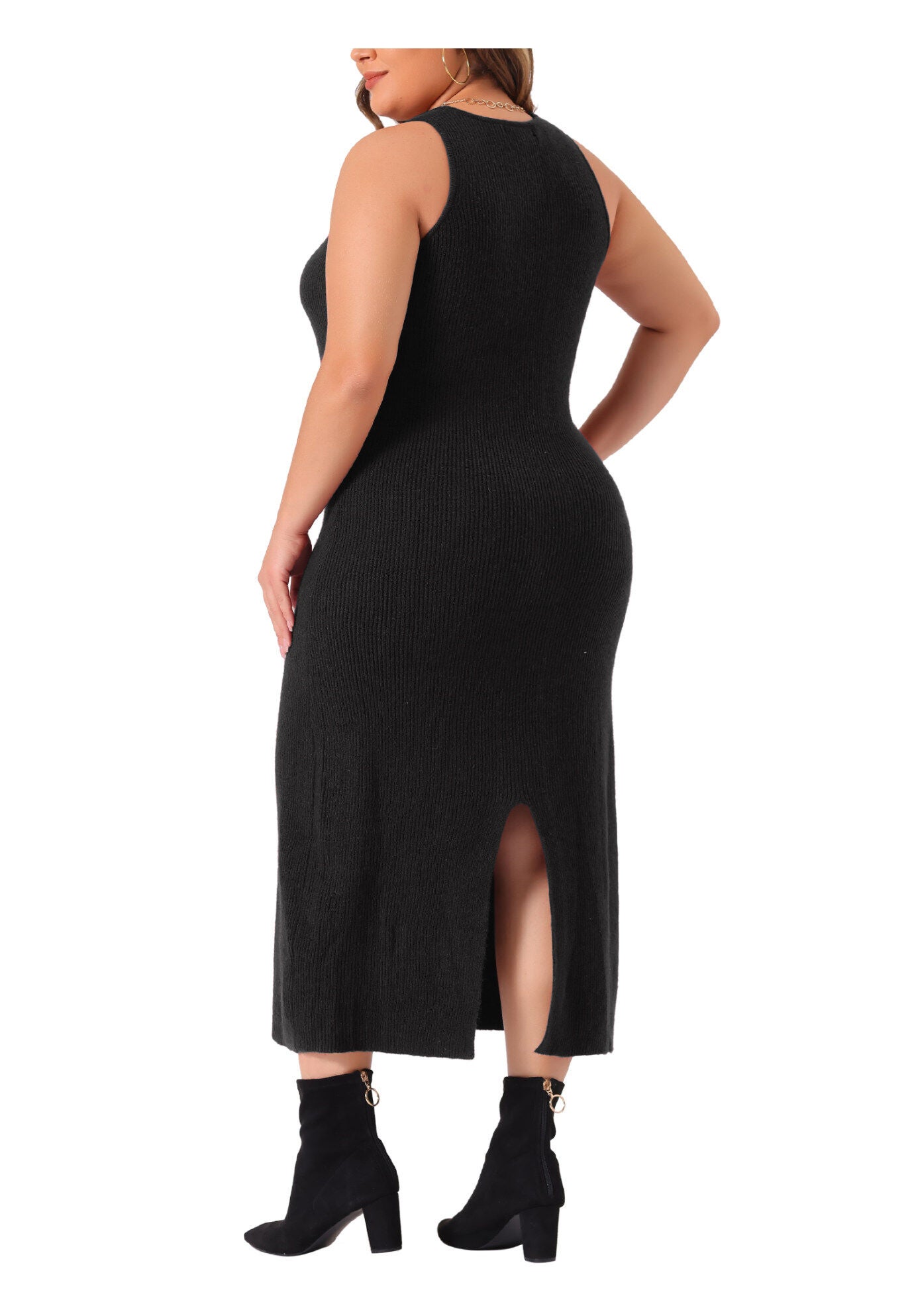 Crew Neck Sleeveless Knit Bodycon Midi Sweater Tank Dress, Black / Black, alternate image number 3