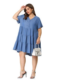 Button Down V Neck Knee Length Tiered Chambray Dress
