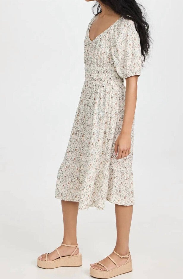 FABIA SHIRRED MIDI DRESS IN MEADOW, Meadow / Beige, alternate image number null
